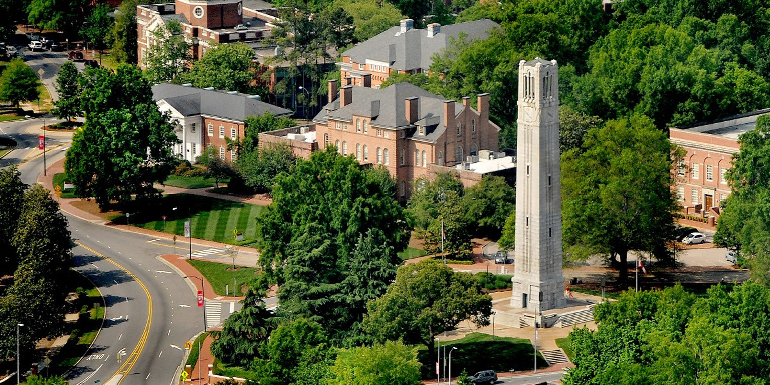 an overhead view of North Carolina State University's campus, including its famous Memorial Belltower